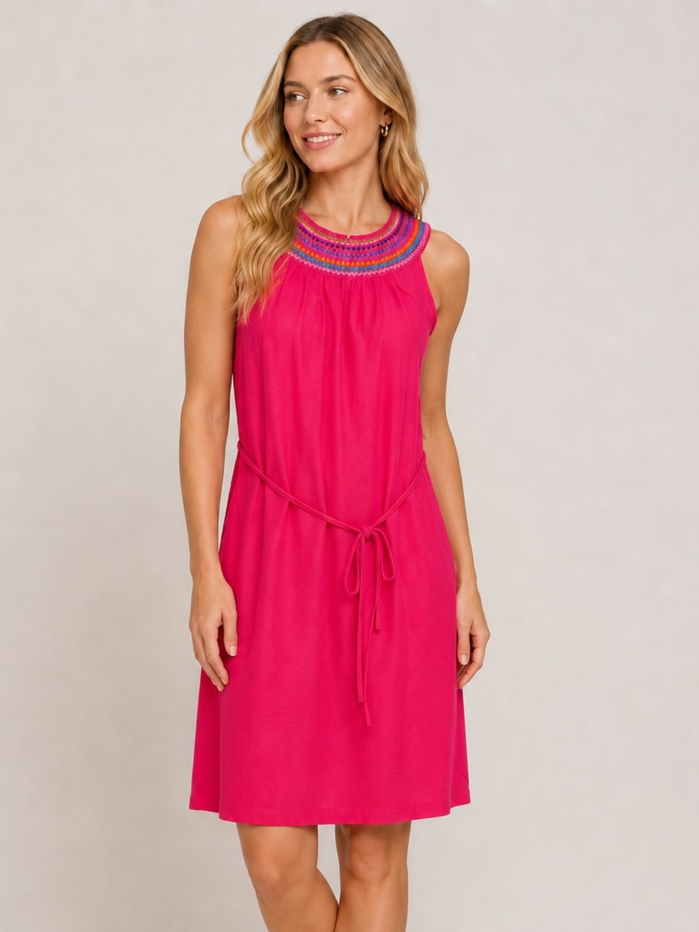 NWT Eleni Embroidered Collar Sleeveless Tie Waist Mini Dress Pink